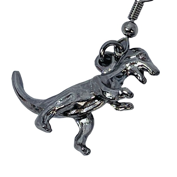 Silver metal T-Rex tiny dinosaur pendant earrings NEW - Picture 5 of 6